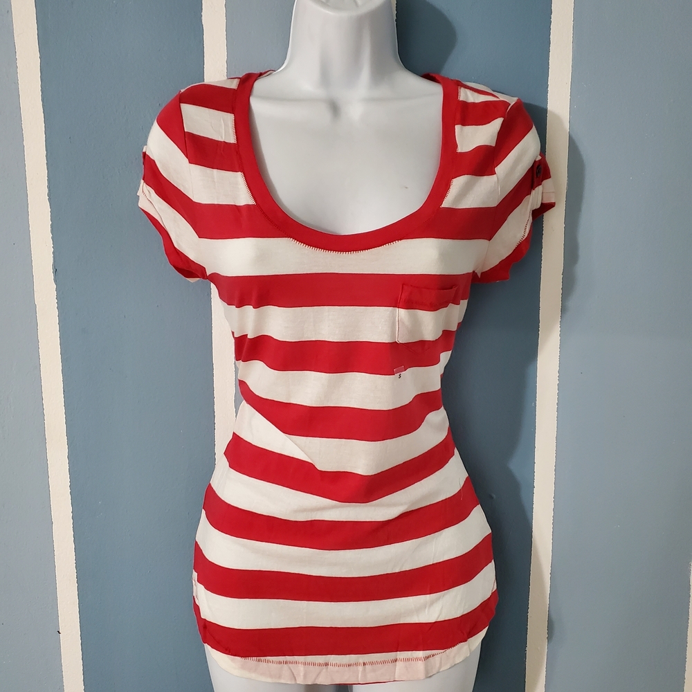 Express Red and White Striped Scoop Neck Tee